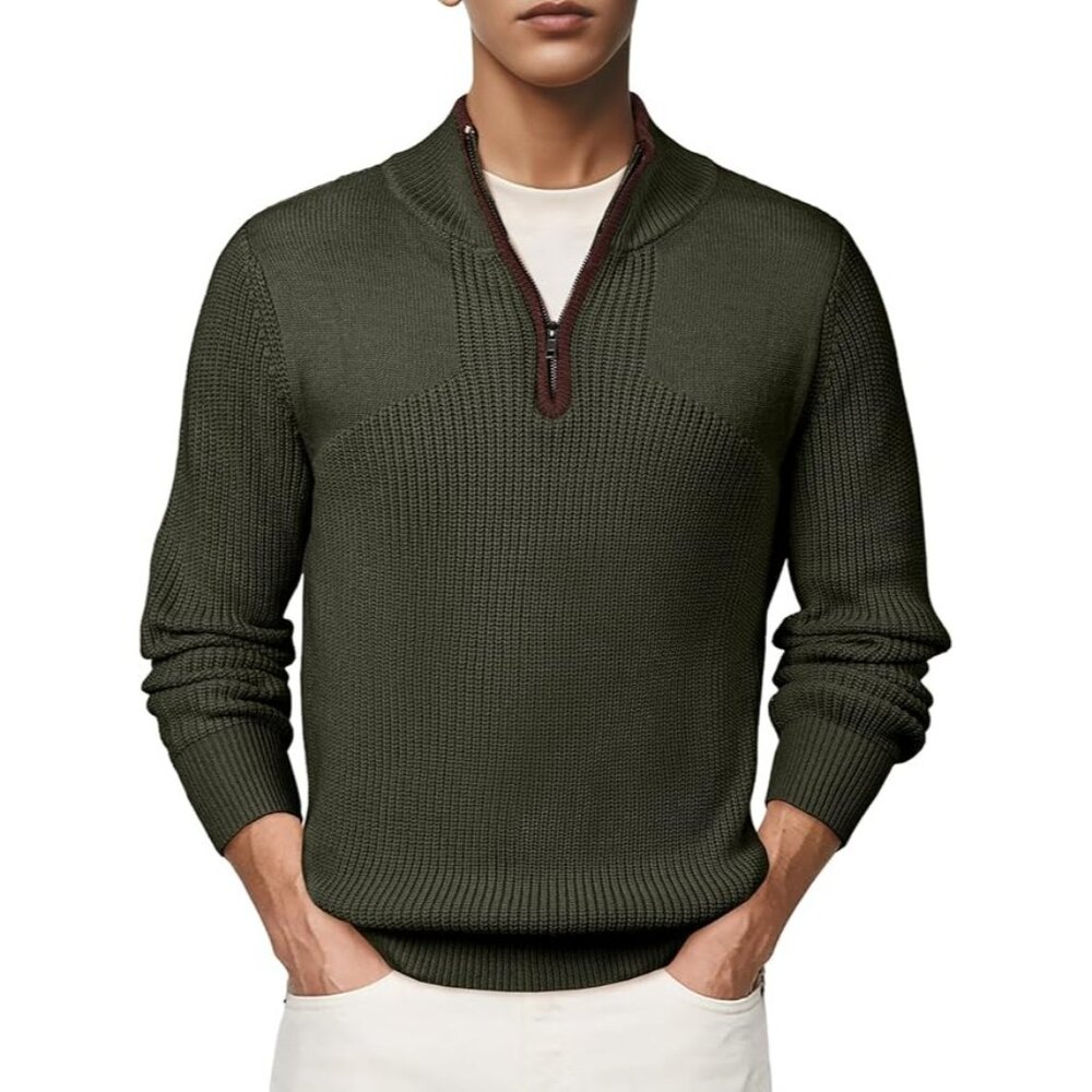JMIERR Mens 2XL Green Quarter Zip Mock Neck Knitted Pullover Sweater Preppy NWT